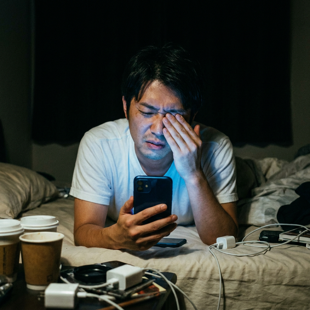 夜遅くまでスマートフォンやパソコンの画面を見つめる様子